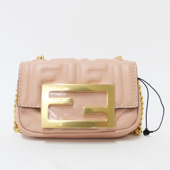 FENDI Bag Shoulder 2WAY Pink Gold Mini Flap FF Pattern Embossed Leather Nano ... - Picture 2 of 8